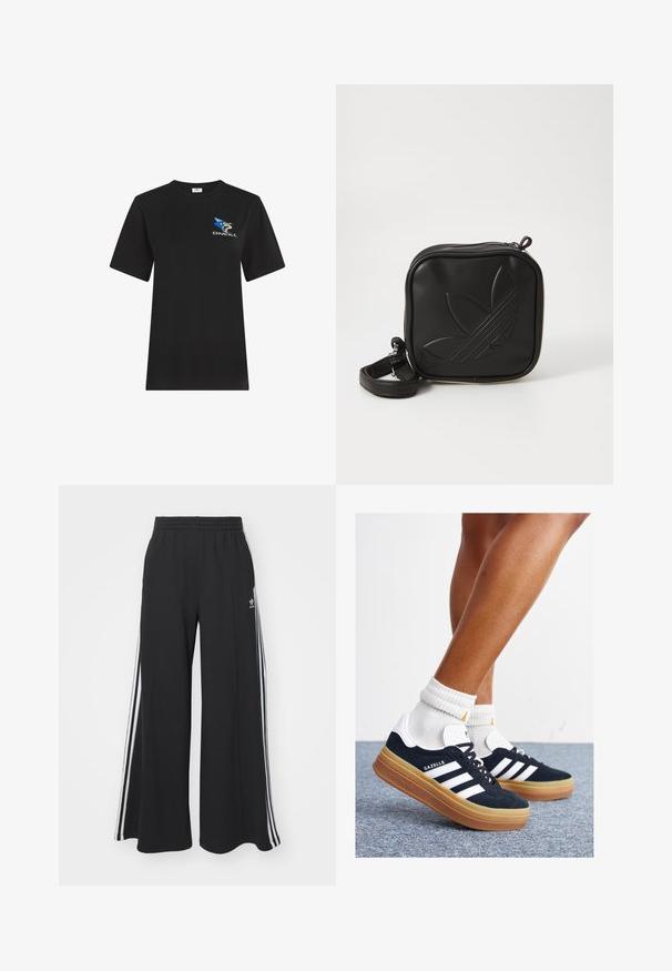 Black short-sleeve T-shirt made of cotton. Features a colorful logo with a blue star and stylized figure on the front. Classic fit.; Black wide-leg sweatpants with an elastic waistband, featuring white side stripes and an embroidered logo on the left thigh.; Black suede sneakers with white stripes and accents, rounded toe, gum rubber outsole, paired with white ribbed crew socks.; Black square crossbody bag made of textured synthetic material. Features an embossed logo design and adjustable strap. Zipper closure.