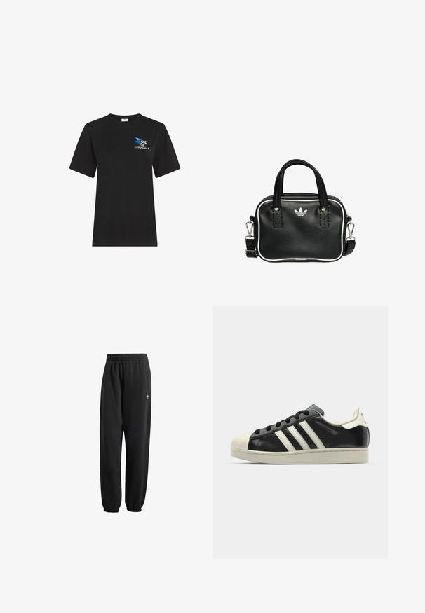 Mustapaita, jossa on lyhyet hihat ja joka on valmistettu puuvillasta. Edessä on värikäs logo, jossa on sininen tähti ja tyylitelty hahmo. Klassinen malli.; Mustat verkkarit, jotka on valmistettu pehmeästä, teksturoidusta kankaasta. Varusteena on joustava vyötärö, hihnat ja pieni valkoinen logo lantion lähellä.; Musta nahkasneakeri, jossa on valkoiset raidat, kuminen varvassuoja, mustat nauhat ja kermaisa ulkopohja. Suora pinta ja kiiltävä viimeistely.; Musta nahkainen käsilaukku, jossa on kaksi lyhyttä kahvaa, hopeiset yksityiskohdat, valkoiset tehosteet ja valkoinen logo. Sisältää teksturoidun pinnan ja kompaktin muotoilun.