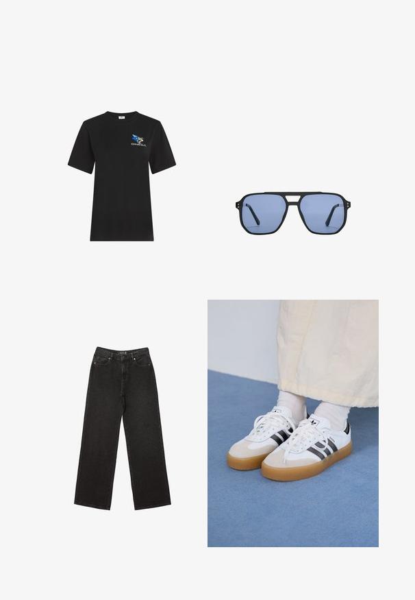 Črna kratkotrajna majica iz bombaža. Ima pisano logo z modro zvezdo in stilizirano figuro spredaj. Klasičen kroj.; Črne široke jeans hlače iz denima, z majhnimi pikčastimi vzorci, klasičnim petim žepom ter z gumbom in zadrgo za zapiranje.; Bele tene škornje s črnimi črtami in bež usnjenimi detajli. Imajo teksturirano gumijasto podplat in ravne bele vezalke, nosijo se z svetlimi nogavicami.; Stradivarius RETRO - Sončna očala - light blue