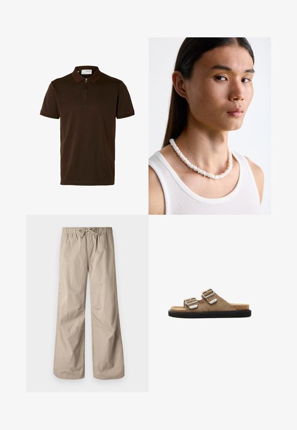 Camisa polo castanha feita de tecido suave, com colarinho de fecho éclair, mangas curtas e um corte ajustado. Sem padrões ou detalhes visíveis.; Calças largas bege com cintura elástica e cordão. Textura suave, dois bolsos laterais e costuras mínimas para um ajuste descontraído.; Sandálias em camurça cor de castanho com duas fivelas prateadas ajustáveis, sola texturizada preta e detalhes perfurados na parte superior.; Colar de conchas brancas composto por formas irregulares, usado sobre uma camisola justa branca. Textura suave com um brilho subtil, design justo.