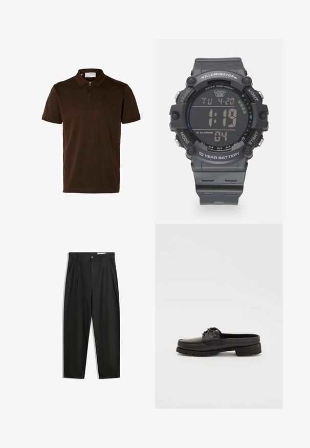 Hnědý polo tričko vyrobené z hladké tkaniny, s límečkem na zip, krátkými rukávy a dobře padnoucím střihem. Žádné vzory ani akcenty nejsou viditelné.; Černé bavlněné kalhoty s uvolněným střihem, klasickým pasem, předními záhyby a bočními kapsami. Hladká textura bez vzorů.; Černá kožená obuv na klínku s detaily šněrování, zaoblenou špičkou a texturovanou podrážkou. Disponuje mírně zvýšeným podpatkem a hladkým povrchem.; Digitální hodinky Casio s šedým nylonovým páskem, LCD displejem, vodotěsností až 100 metrů a funkcemi pro alarmy a podsvícení.