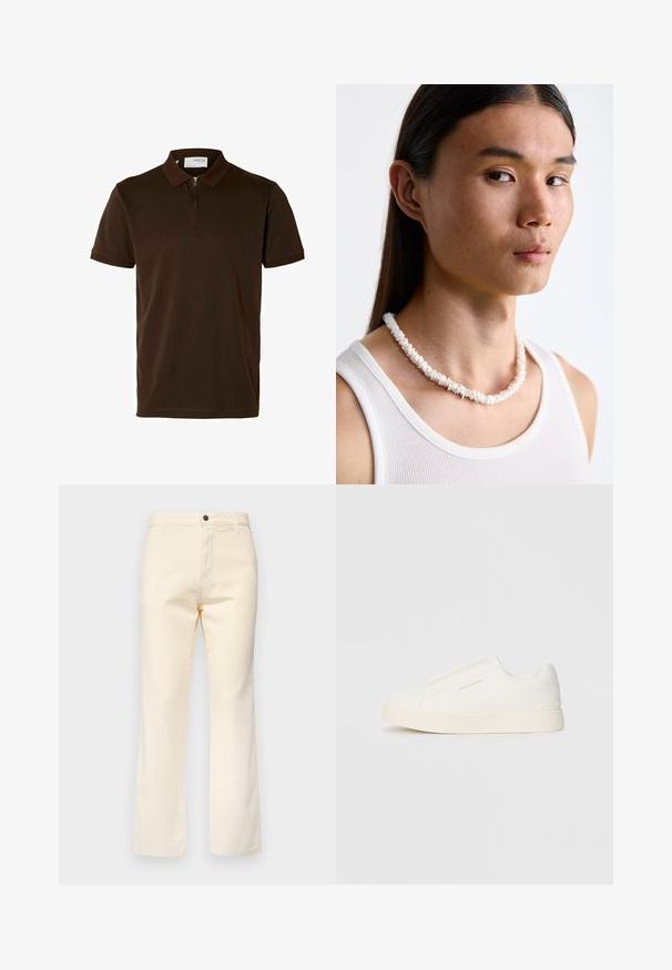 Barna pólóing sima anyagból, cipzáras gallérral, rövid ujjú, és testhez simuló szabású. Minták vagy kiegészítők nem láthatók.; Krém színű pamut farmernadrág, egyenes lábbal, elöl gombos záródással és klasszikus öt zsebes stílussal.; Fehér slip-on sportcipők texturált felülettel, vastag talppal és minimalista dizájnnal. Az oldalon a márka logója található.; Fehér kagyló nyaklánc, amely szabálytalan formákból áll, egy testre simuló fehér ujjatlan felső felett viselve. Simára polírozott textúra, finom fényességgel, szoros illeszkedésű kialakítással.