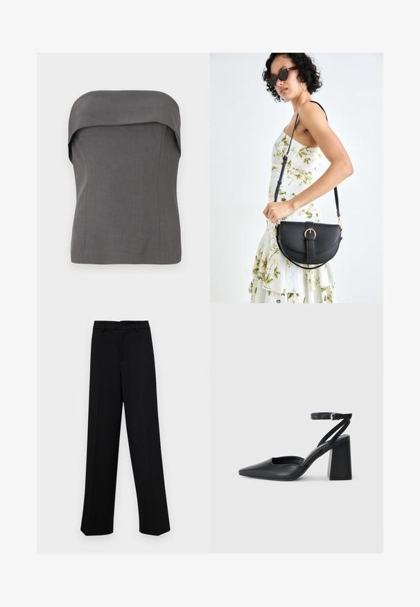 Siva bez naramenica bluzica s preklopnim dizajnom na dekolteu, strukturiranim krojem i glatkom teksturom tkanine. Nema vidljivih uzoraka ili metalnih dijelova.; Crne široke hlače od glatkog materijala, s klasičnim pojasom koji se zatvara dugmetom i prednjim naborima.; Crne kožne cipele s špicastim vrhom, remenom oko gležnja i debelim potplatom. Ravna tekstura, elegantan dizajn i minimalistička estetika.; Crna kožna torba s lukovitim oblikom, odvojivim remenom i zlatnim detaljima. Torba ima preklop s kopčom.