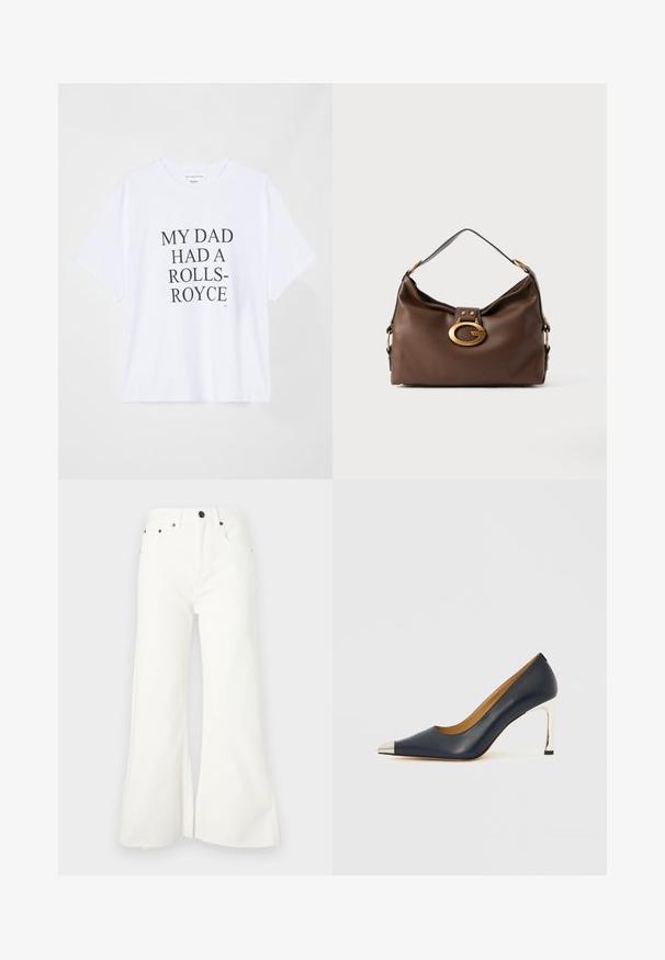 Hvid kortærmet t-shirt lavet af bomuld. Har fed sort tekst: "MIN FAR HAVDE EN ROLLS-ROYCE." Mærke-logo ved halsudskæringen. Enkel design.; Hvide denim jeans med flared ben, høj talje, fem lommer og rå nederkant. Har metalbeslag og knaplukning.; Marineblå læder højhælet sko med spids tå, med en sølvmetalisk hætte og en skinnende sølv stiletthæl.; Brun lædertaske med struktureret finish, der har en guldfarvet lås og en enkelt, buet skulderrem.