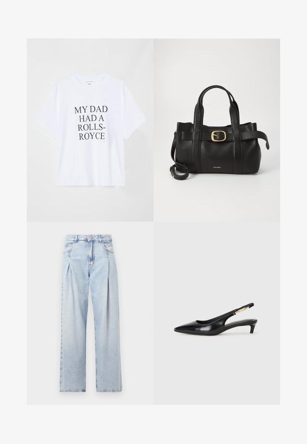 Fehér, rövid ujjú pamut póló. Erőteljes fekete felirat díszíti: "AZ APÁMNAK VOLT EGYSZER EGY ROLLS-ROYCE-A." Címke a nyakán. Egyszerű dizájn.; Világoskék farmernadrág magas derekú, bő szabású, két oldalsó zsebbel és pliszírozott dizájnnal. Puha tapintású, elhalványított felület.; Fekete bőr slingback magassarkúk, hegyes orral, vékony sarkakkal és arany színű részlettel a állítható pánton. Simа felület.; Fekete bőr kézitáska, amely strukturált kialakítással rendelkezik, dupla felső fogantyúval, arany tónusú csattal és a márka dombornyomott logójával az elején.