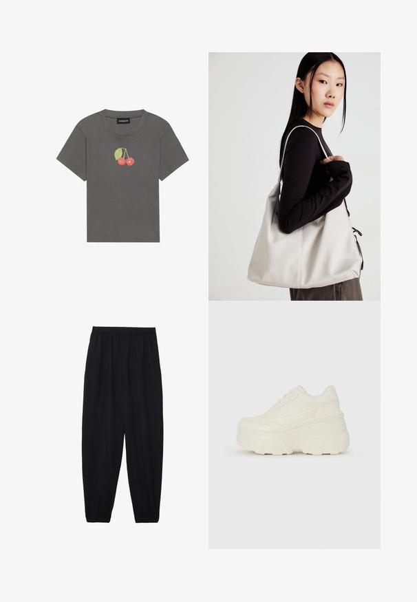 Pilkos spalvos trikotažinė marškinė su trumpomis rankovėmis, turinti mažą vyšnios grafiką su lapais siuvinėtu krūtinėje.; Juodi, lengvi kelnių su elastinga juosmens juosta ir surinktais kulkšniais. Audinys yra lygus ir turi atsipalaidavusį, siaurėjantį dizainą.; Baltos platformos sportbačiai su lygiu odos primenančiu paviršiumi, apvalia forma, paminkštintu apykakle ir tekstūruotu guminiu padu su ryškiais protektoriais.; Bežinė rankinė, pagaminta iš minkštos medžiagos, turinti laisvą dizainą, siuvinėtas detalės ir dvi petnešos. Tinkama kasdieniam naudojimui.