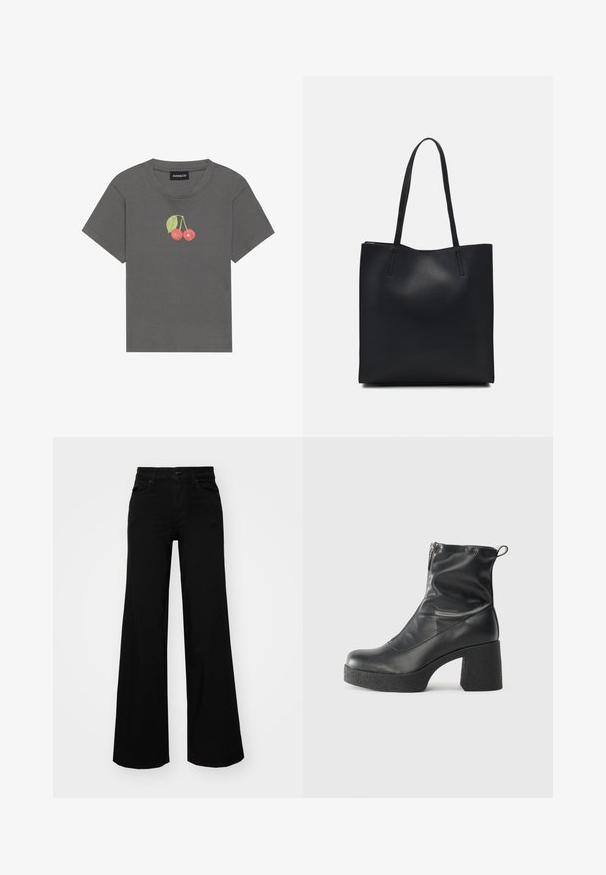 Sivý rebrovaný tričko s krátkymi rukávmi, so stvárnením malej čerešne s vyšitými lístkami na hrudi.; Čierne široké nohavice z denimu s pevným pásom, pútkami na opasok a prednými vreckami. Hladká štruktúra s klasickým dizajnom.; Čierne členkové topánky z hladkej kože, so bočným zipsom, robustnou textúrovanou pätnou časťou a zaobleným dizajnom špičky.; Čierna kožená taška na rameno s hladkým povrchom, obdĺžnikovým tvarom a dvoma dlhými uchami. Bez viditeľného kovania alebo ozdôb.