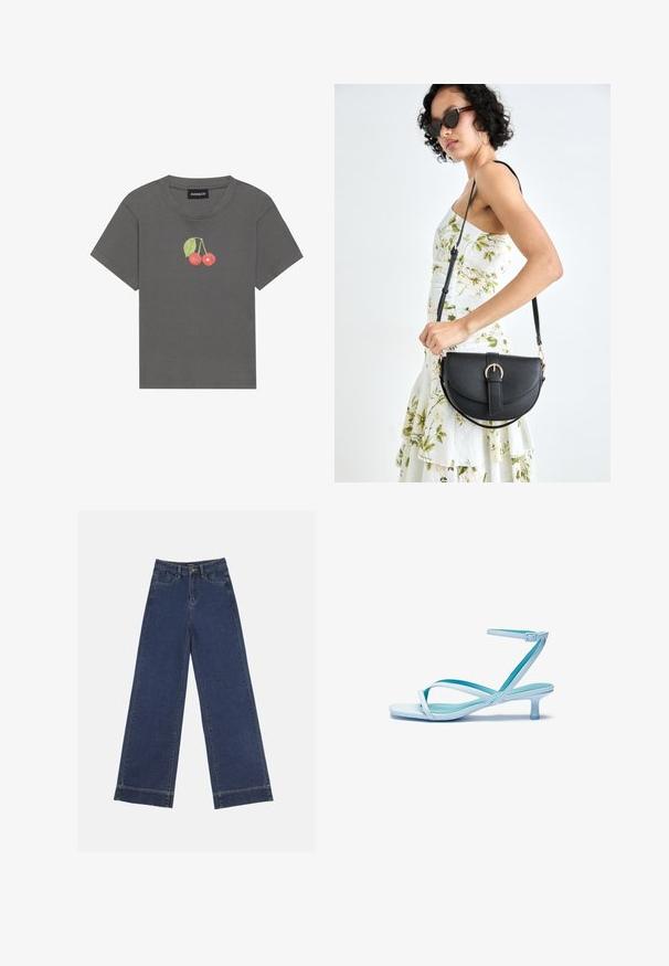 Gray ribbed T-shirt with short sleeves, featuring a small cherry graphic with leaves embroidered on the chest.; Wide-leg jeans in dark blue denim. Features five pockets, belt loops, and a raw hem at the bottom with visible stitching details.; Light blue strappy sandal with a square toe, low heel, adjustable ankle strap, and smooth, glossy finish. Crossed straps on the footbed.; Black leather handbag with a curved shape, detachable strap, and gold hardware. The bag features a flap with a buckle detail.