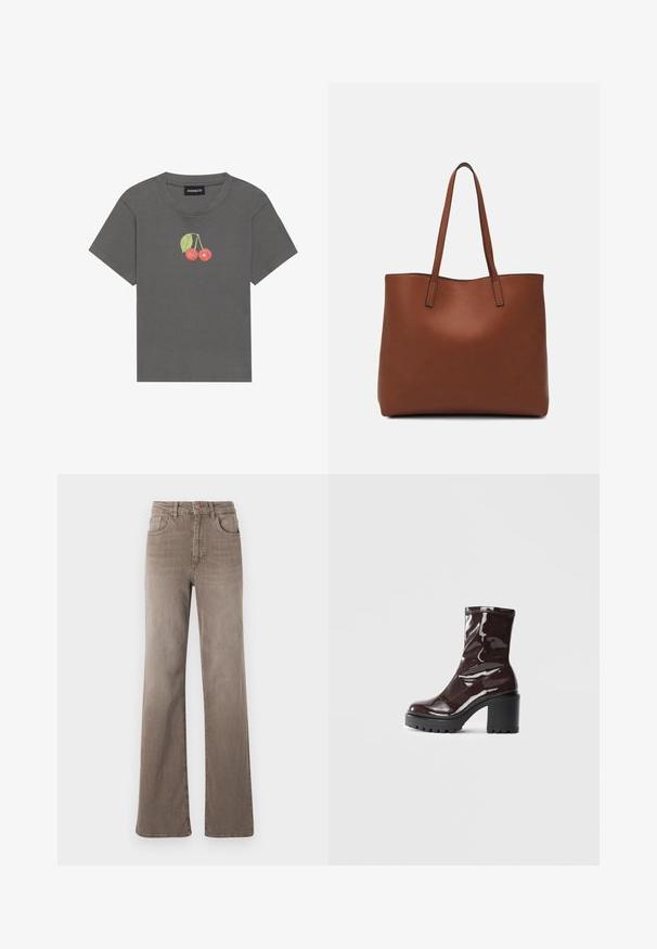 Camiseta de rayas grises con mangas cortas, que presenta un pequeño gráfico de cereza con hojas bordadas en el pecho.; Jeans de pierna recta de talle alto color marrón con botón frontal, trabillas para el cinturón y diseño clásico de cinco bolsillos sobre un fondo blanco.; Botín burdeos brillante hasta el tobillo con un tacón negro grueso, que presenta una textura suave y un diseño sencillo. Sin cierres ni patrones visibles.; Bolso tote de cuero marrón con una textura suave, diseño de apertura superior y dos correas para el hombro. Presenta una costura mínima y sin herrajes visibles.