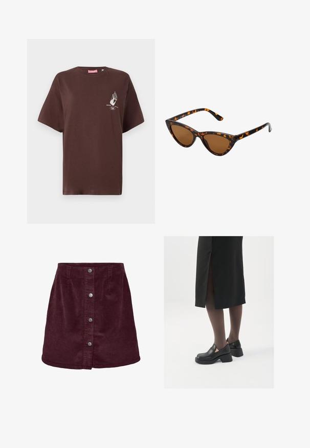 Hnědý bavlněný tričko s krátkým rukávem, kulatým výstřihem a grafickým potiskem, na kterém je zobrazená ruka, která drží kornoutek zmrzliny na přední straně.; Bordó korduroy mini sukně s a-line tvarem, s pěti stříbrnými knoflíky vpředu a jemnou žebrovanou texturou.; Černé kožené boty s kulatou špičkou, silným blokovým podpatkem a elastickými bočními akcenty, spárované s tmavými punčochami a černou sukní se rozparkem.; Sluneční brýle ve stylu kočičích očí s černo-oranžovým želvovinovým rámem, hnědými skly a elegantními, špičatými konci. Obsahují minimalistické logo na straně.