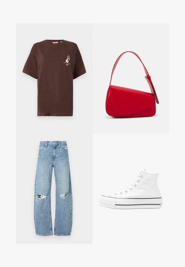 Ruskea puuvillainen t-paita, jossa on lyhyet hihat, pyöreä kaula-aukko ja graafinen printti, jossa on käsi, joka pitää jäätelöä. ; Vaaleansiniset, korkeavyötäröiset farkut, jotka on valmistettu denimmateriaalista. Ominaisuuksiin kuuluvat leveät lahkeet, kaksi revittyä polvialuetta ja klassinen viiden taskun tyyli.; Valkoiset korkeavartiset kangaskengät mustalla kumipohjalla, edessä kuminen varvasosa ja kuusi nauha-aukkoa, puhtaan minimalistisella muotoilulla.; Punainen nahkalaukku, jossa on kulmikas, geometrinen muotoilu. Varustettu yhdellä säädettävällä hihnalla ja läpällä, jossa on ommeltu yksityiskohtia.