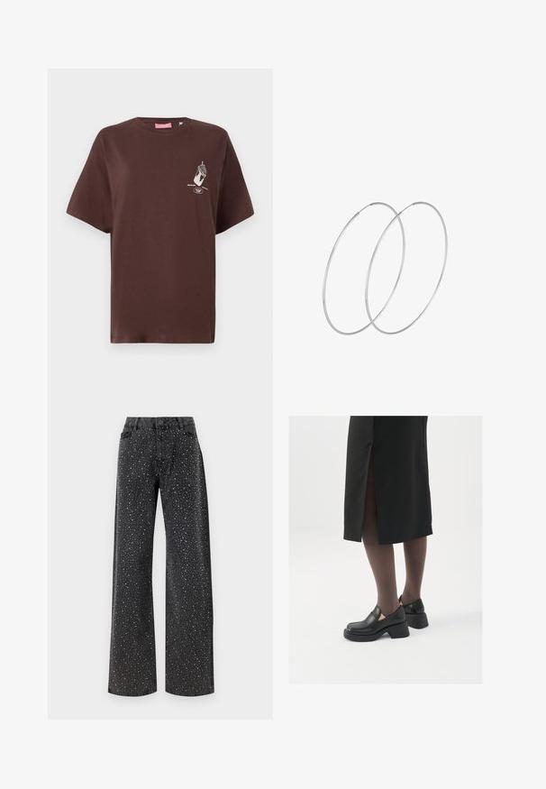 Brun bomulds t-shirt med korte ærmer, rund hals og et grafisk print af en hånd, der holder en isvaffel på forsiden.; Noisy May NMJANNEL LOOSE - Jeans Relaxed Fit - black denim; Sorte lædersko med rund tå, kraftig blokhæl og elastiske sideaccentuer, parret med mørke strømpebukser og en sort nederdel med slids.; Sølvøreringe med et minimalistisk design. Cirkulær form, glat tekstur og tynd profil. Letvægtige med en poleret overflade.