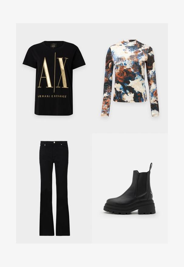 Čierne bavlnené tričko s odvážnym zlatým logom "A/X" a textom "ARMANI EXCHANGE", krátke rukávy, okrúhly výstrih, hladká textúra.; Rukávová blúzka v kombinácii modrých, hnedých a krémových abstraktných vzorov. Mäkká látka s priliehavým strihom a vysokým golierom.; Čierne rozšírené džínsy vyrobené z denimu, s dvoma prednými vreckami, zapínaním na gombík a hladkým povrchom. Viditeľné podpisové šitie na švoch.; Čierne chelsea čižmy vyrobené z hladkej kože s elastickými bočnými panelmi, hrubou, ryhovanou gumovou podrážkou a pútkom vzadu.