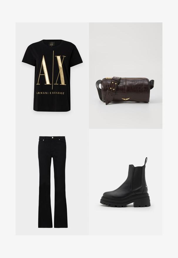 Sort bomulds T-shirt med iøjnefaldende guld "A/X" logo og "ARMANI EXCHANGE" tekst, korte ærmer, rund halsudskæring, glat tekstur.; Sorte bløde jeans lavet af denim, med to frontlommer, knaplukning og en glat tekstur. Signaturstikninger synlige ved sømmene.; Sorte chelsea støvler lavet af glat læder med elastiske sidepaneler, en tyk, rillede gummisål og en pull-tab bagpå.; Brun krokodilleder taske med cylindrisk form, hardware i guld-tone, og en aftagelig rem med nitter.