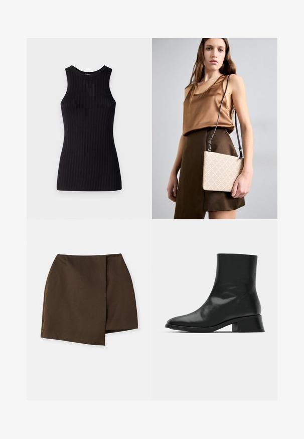 Juodas rankovių neturintis viršus su griovelių tekstūra, apvaliu iškirpimu, prigludusiu siluetu ir lygiu paviršiumi. Lengvas mezginys.; By Malene Birger RAYE - Trapecinis sijonas - dark mahogany; Juodi kulkšneliai, pagaminti iš blizgaus odos, pasižymintys elegantišku dizainu, smailiu noseliu ir vidutiniu blokuotu kulnu, užtikrinančiu stabilumą.; Kreminės spalvos kryžminio maišo su tekstūruota paviršiumi, turinčio deimanto raštą ir ilgą, reguliuojamą diržą. Lygus paviršius, stačiakampio formos.