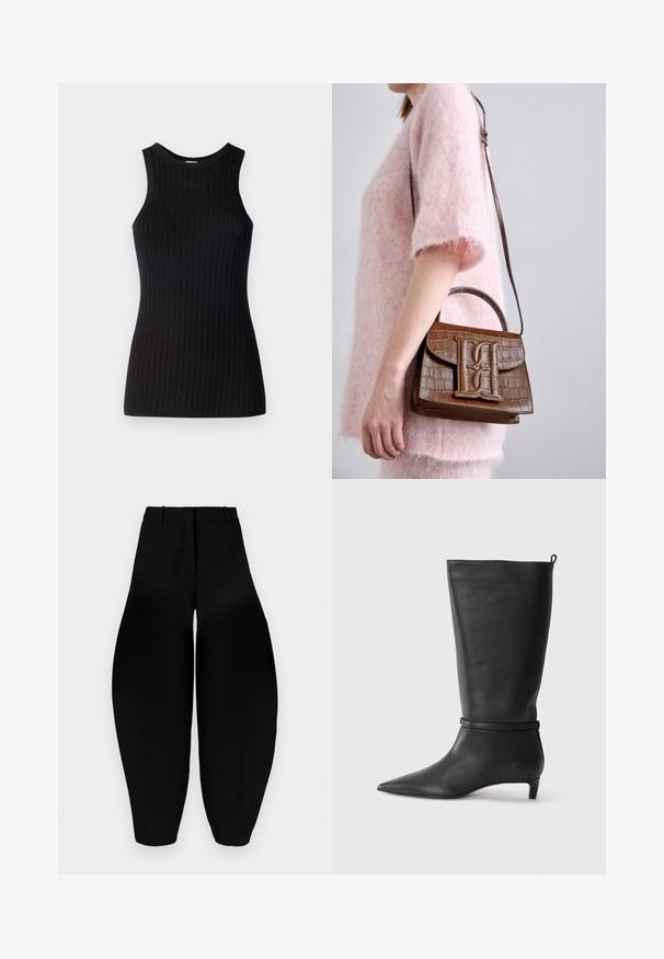 Melnas bez piedurknēm tops ar ribotu tekstūru, apaļu kakla izgriezumu, pieguļoša forma un gluda virsma. Viegls adīts audums.; Melnbra plaša kāju bikses ar augstu jostasvietu, gludu priekšpusi un sašaurinātiem potītes daļām. Izgatavotas no gludas auduma ar matētu apdari.; Melnas ādas līdz ceļiem stīgas ar norādītu purngalu, akcentētas ar apaļu siksnu ap potīti un zemu, sašaurinātu papēdi. Gluda tekstūra.; Brauns krokodila raksturs somiņa ar augšējo rokturi un plecu siksnu. Priekšējā klapā ir izcils logotips. Mīksta tekstūra.