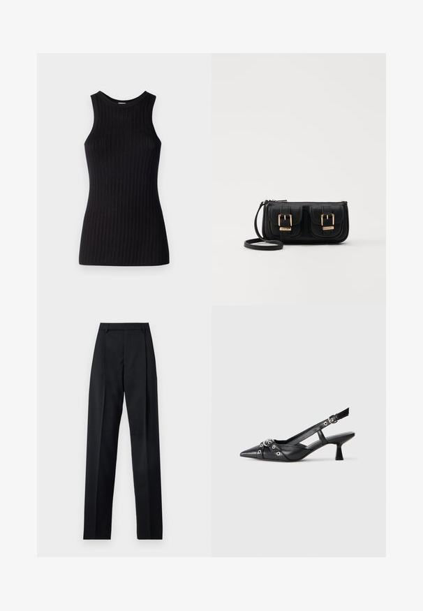 Top nero senza maniche con texture a coste, scollatura rotonda, forma aderente e finitura liscia. Tessuto a maglia leggero.; Pantaloni neri realizzati in tessuto morbido, caratterizzati da vita alta, gambe larghe, pince frontali e classiche passanti per cintura. Non ci sono tasche laterali visibili.; Scarpa slingback nera in pelle con punta affusolata, cinturini decorativi con occhielli metallici e tacco basso a blocco. Superficie testurizzata.; Borsa a tracolla nera in pelle con due tasche frontali, fibbie dorate, chiusura con zip e una tracolla sottile. Superficie texturizzata e forma rettangolare compatta.