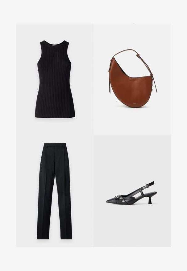 Musta ilma varrukatop, ribakujundusega, ümarate kaelustega, kehakujuline ja sileda viimistlusega. Kerge kudumkangas.; Mustad püksid siledast kangast, millel on kõrge vöökoht, laiad jalad, esimesed kortsud ja klassikalised vööloopid. Küljepockets pole nähtavad.; Must must have must toote tõmblukuga, dekoratiivsed rihmad metallist silmadega ja madal blokk-kand. Tekstureeritud pind.; Pruun nahkne õlavarre kott, millel on poolkuu kuju, kitsas pruun rihm ja disksed kuldse sära aktsendid. Omab siledat tekstuuri ja minimaalset õmblust.