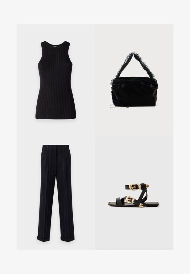Zwarte mouwloze top met geribbeld patroon, ronde halslijn, aansluitende pasvorm en een gladde afwerking. Lichtgewicht gebreide stof.; Zwarte broek met streepjes in een getailleerde pasvorm, voorzien van een omgeslagen zoom en voorplooien. Gemaakt van een gladde stof met een gestructureerd ontwerp.; Zwarte leren sandaal met gouden gespaccenten, voorzien van meerdere banden en een vlakke zool voor open-teenschoen gebruik.; Zwarte nep leren handtas met een gestructureerde afwerking, voorzien van een bewerkte zilveren accent langs de bovenste handgreep en een schouderband van kettingen.