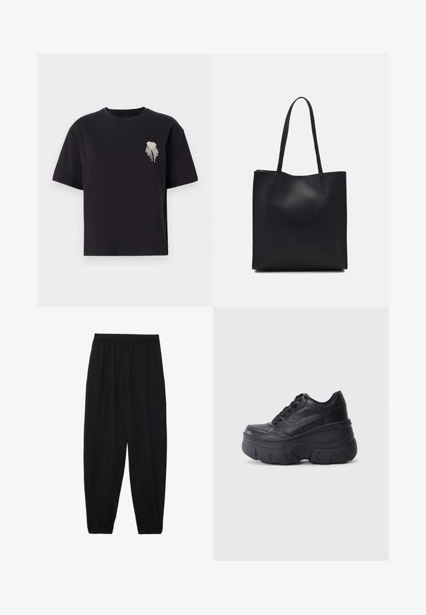 Camiseta de algodón negra con cuello redondo y mangas cortas, que presenta un pequeño diseño de corazón adornado con rhinestones en el lado izquierdo del pecho.; Pantalones negros, ligeros, con cintura elástica y tobillos fruncidos. La tela es suave y presenta un diseño relajado y ajustado.; Zapatillas negras con cordones y suela gruesa, con parte superior de cuero suave, punta redondeada y un diseño de plataforma en capas distintivo.; Bolso tote de cuero negro con textura lisa, forma rectangular y dos asas largas. Sin herrajes ni adornos visibles.