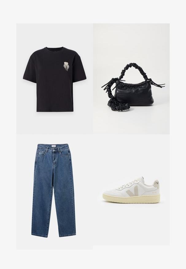 Sort bomulds T-shirt med rund hals og korte ærmer, prydet med et lille hjerte design glimrende med rhinsten på venstre bryst.; Klassiske blå denimbukser med lige ben, fem lommer og knaplukning. Har en medium vask og en robust tekstur.; Hvide lærreds sneakers med beige ruskindsdetaljer, perforeret tåboks, flade snørebånd og en struktureret cremefarvet sål. Har diskret branding på hælen.; Sort kunstlæder håndtaske med krokodilteksur, indsnøret top og en sammenkrøben rem. Ser blød og kompakt ud i designet.