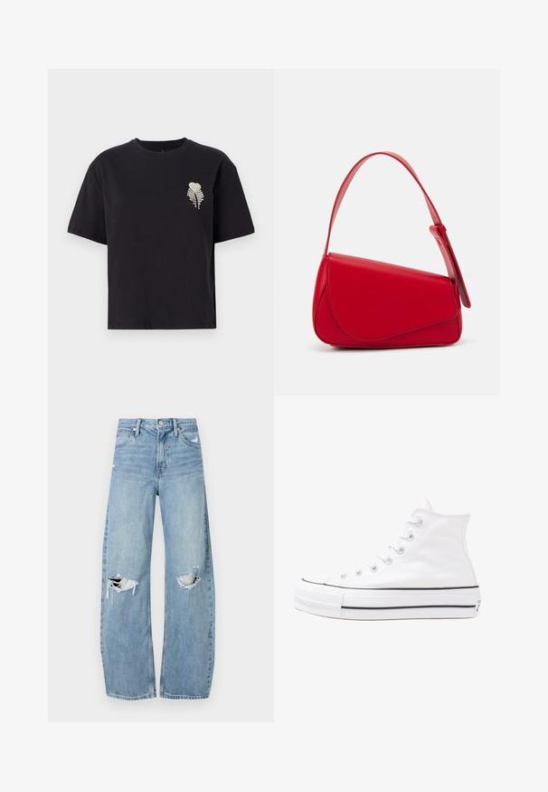 Svart bomull T-skjorte med rund hals og korte ermer, med et lite hjerte-design dekorert med rhinestones på venstre bryst.; Lyseblå høytlivsjeans laget av denim. Har vide bein, to revne knær og klassisk fem-lommers design.; Hvit høy-skinn kanvas sneakers med svart gummisåle, gummitåhette foran og seks hull for snorer, med et rent, minimalistisk design.; Rød lærveske med en vinklet, geometrisk design. Har en enkelt justerbar stropp og en klaffelukking med sydd detaljer.
