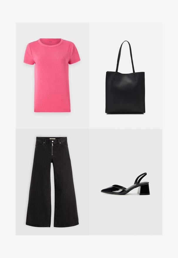 Short-sleeve, ribbed t-shirt in bright pink with a round neckline and a smooth texture. Features brand logo printed inside the neck.; Wide-leg jeans in black denim with a zippered front, five-pocket design, and subtle stitching details. Smooth texture and casual style.; Black patent leather slingback heels with a pointed toe and a geometric block heel. Features a sleek, minimal design and smooth texture.; Black leather tote bag with smooth texture, rectangular shape, and two long handles. No visible hardware or embellishments.