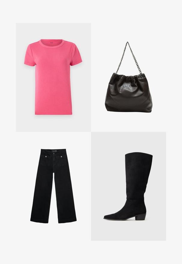 Tričko s krátkym rukávom, rebrované, v jasne ružovej farbe s okrúhlym výstrihom a hladkou textúrou. Obsahuje logo značky vytlačené vo vnútri výstrihu.; Čierne široké nohavice s vysokým pásom, s dvoma prednými vreckami a kovovými detailmi na gombíku. Tkanina má hladkú textúru.; Čierne semišové čižmy po kolená s nízkym blokovým podpätkom a špicatou špičkou, zobrazené v bočnom pohľade na jednoduchom svetlošedom pozadí.; Hnedá kožená taška so zberaným vrchom a reťazovým popruhom. Hladký povrch s lesklým finišom a jemným švom po stranách.