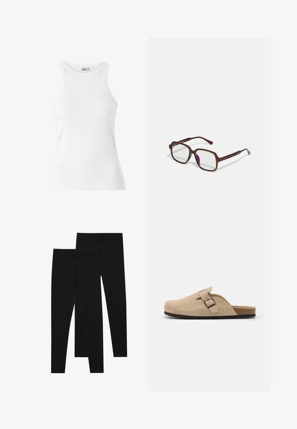 White ribbed tank top with a high neckline and sleeveless design. Soft texture, fitted shape, and minimal stitching detail.; Black leggings made of stretchy fabric, featuring a seamless waistband and a slim fit design, suitable for casual wear or exercise.; Beige suede clog with a rounded toe, adjustable buckle strap, and textured rubber sole. Minimalist design with a cork midsole.; Brown, rectangular eyeglasses with transparent lenses and purple tints. Smooth plastic frame with straight temples and subtle accents.; Brown leather crossbody bag with logo pattern, gold chain strap, zipper closure, and gold hardware accents. Compact and rectangular shape.