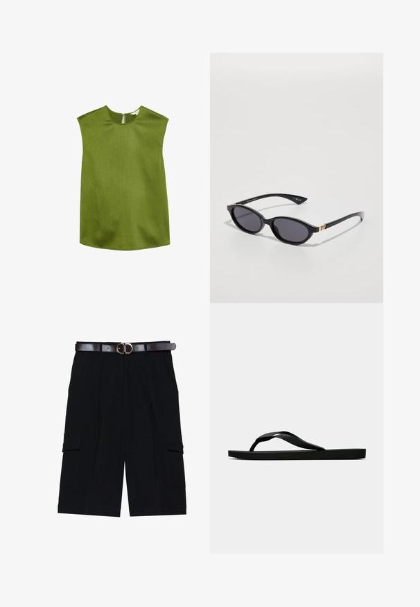 Grünes, ärmelloses Top mit rundem Halsausschnitt und leicht strukturierten Schultern. Verfügt über einen strukturierten Stoff und einen diskreten Reißverschluss auf der Rückseite.; Schwarze Cargo-Shorts aus leichtem Stoff, mit geradem Schnitt, Seitentaschen und einem braunen Ledergürtel mit einer silbernen Schnalle.; Schwarze Gummi-Flip-Flop-Sandale mit einem strukturierten Riemen und einfacher flacher Sohle, von der Seite auf einem schlichten hellen Hintergrund dargestellt.; Schwarze Sonnenbrille mit ovalen Gläsern, dunklem Verlaufstönung und schlanken Bügeln mit dezenten goldenen Akzenten. Glatte Kunststoffoberfläche.