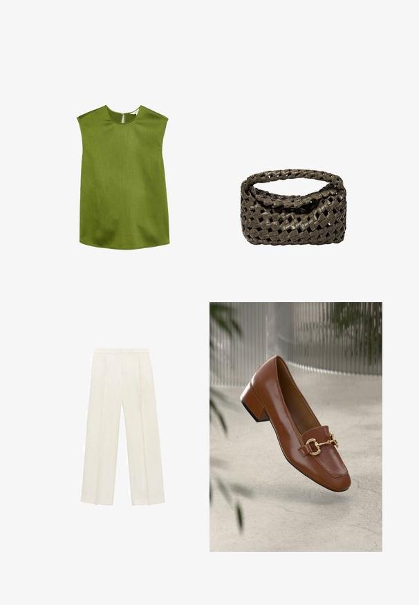 Grøn, ærmeløs top med rund halsudskæring og let strukturerede skuldre. Har et tekstureret stof og en diskret lynlås i ryggen.; Bredbenede bukser i en lys cremefarve. Fremstillet af et glat stof med plisseringer foran og sidelommer.; Brun patentlæder loafers med firkantet tå, metallisk kædeaccent og lav blokhæl; glat tekstur, minimalistisk design.; Vævet håndtaske i mørkeoliven læder, med et rundt topgreb og en blød, tekstureret overflade i hobo-stil.