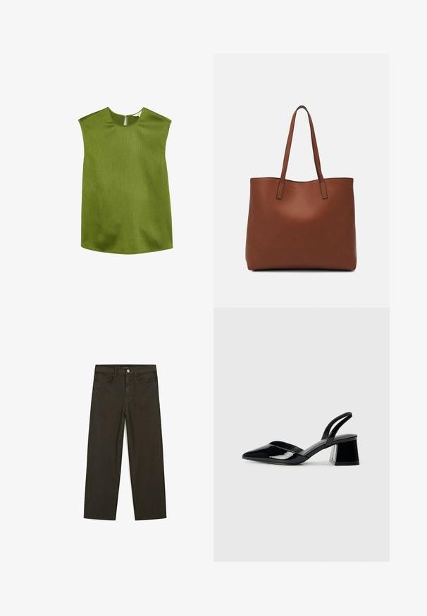 Grøn, ærmeløs top med rund halsudskæring og let strukturerede skuldre. Har et tekstureret stof og en diskret lynlås i ryggen.; Mørkegrønne brede jeans lavet af en bomuldsblanding, med en frontlukning med knap, fem lommer og klassisk denim-syning.; Sorte patentlæder slingback hæle med spids tå og en geometrisk blok hæl. Har et elegant, minimalistisk design og en glat tekstur.; Brun læder tote taske med en glat overflade, åben topdesign og to skulderremme. Har minimal syning og ingen synlig hardware.