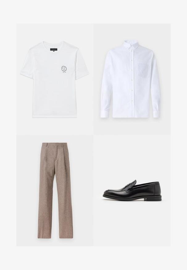 Biela bavlnená tričko s okrúhlym výstrihom a krátkymi rukávmi. Na ľavej strane hrude je malý čierny grafický smajlík s očami vo forme "x".; Biely dlhý rukáv košeľa s gombíkmi vyrobená z bavlny, s náprsného vrecka s tonálnou výšivkou, golierom a gombíkovými manžetami.; Hnedé, vysoké nohavice vyrobené z texturovanej látky. Majú široké nohavice a dva predné záhyby pre štruktúru. Úhľadné spracovanie bez viditeľného kovania.; Čierne kožené mokasíny s hladkou textúrou, zaoblenou špičkou a dekoračným pásikom cez priehlavok. Nízky vrstvený opätok, minimalistický dizajn.