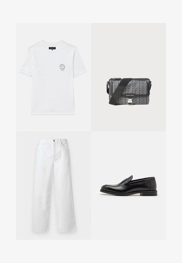 Biała bawełniana koszulka z okrągłym dekoltem i krótkimi rękawami. Mała czarna grafika uśmiechniętej buźki z oczami w kształcie 'x' na lewej piersi.; rag & bone - Jeansy baggy; Czarne skórzane mokasyny o gładkiej fakturze, zaokrąglonym nosku i dekoracyjnym pasku na przodzie. Niski, warstwowy obcas, minimalistyczny design.; Czarna i szara torebka na ramię z wzorem geometrycznym, z zamknięciem na zamek błyskawiczny oraz akcentami w srebrnym kolorze. Zawiera regulowany pasek.
