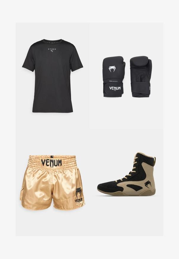 Must t-särk lühikeste varrukatega mustast kergest kangast. Omab ümmargust kaelust ja trükitud "HYROX" logo koos Puma embleemiga ees.; Kuldne satiinist poksipingid musta "VENUM" logoga vööl ja külgedel, millel on sile tekstuur ja elastne vöö, et tagada mugavus.; Korkeatoimelise spordijalanõud musta võrkmaterjaliga, millel on beežid accentsid. Tekstureeritud kummist tallad ja logodetail küljepeal.; Mustad musta värvi poksikindad, millel on sile tekstuur, valge Venomi logo ja reguleeritav takjakinnitus, mis tagab kindla istuvuse.