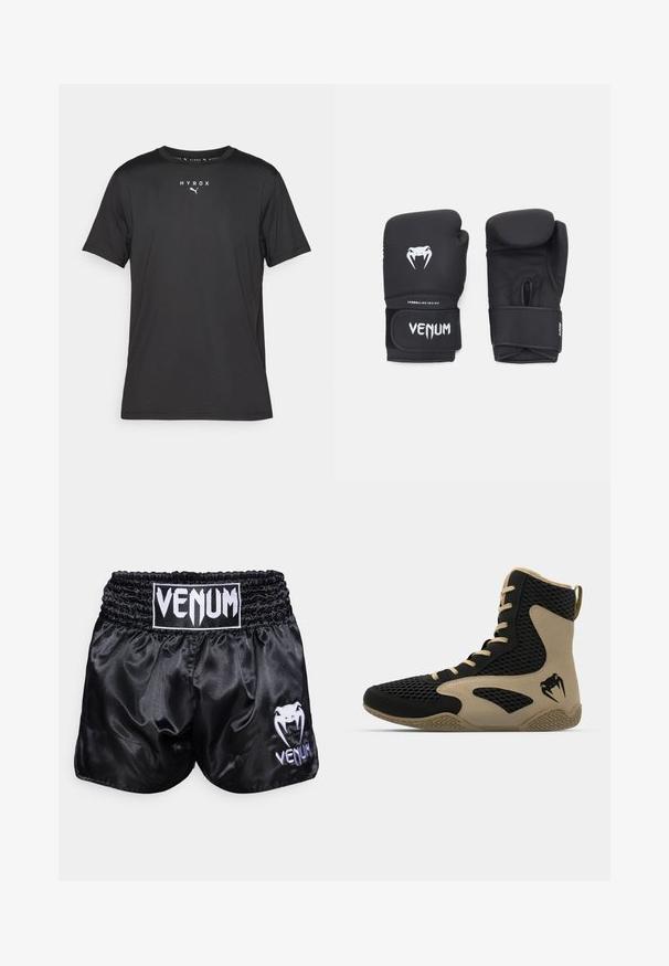 T-shirt de sport noir à manches courtes en tissu léger. Il présente un col rond et un logo « HYROX » imprimé avec un emblème Puma sur le devant.; Shorts de boxe en satin noir avec une taille élastique ; présente un logo blanc et un design de serpent sur la jambe gauche. Texture lisse.; Chaussure de sport montante avec un extérieur en mesh noir et des accents beiges. Semelle en caoutchouc texturée et détail de logo sur le côté.; Gants de boxe noirs avec une texture lisse, présentant un logo Venom blanc et une sangle ajustable à velcro pour un maintien sécurisé.