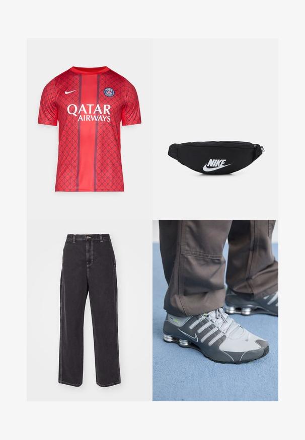 Červený športový dres so geometrickým vzorom, krátke rukávy, okrúhly výstrih, logo Nike a text "Qatar Airways". Na hrudi je emblém PSG.; Čierne denimové nohavice s voľným strihom, s kontrastným bielym prešívaním a zapínaním na gombík. Priamy strih nohavíc, bez ďalších vreciek.; Šedé a strieborné tenisky Nike Shox majú elegantný dizajn, kombináciu sieťoviny a syntetických materiálov, zaoblenú špičku a polstrovaný golier.; Čierny nylonový ledvinkový batoh so zipsovým uzáverom, s veľkým bielym logom Nike. Hladký povrch a ergonomický dizajn pre pohodlné nosenie.
