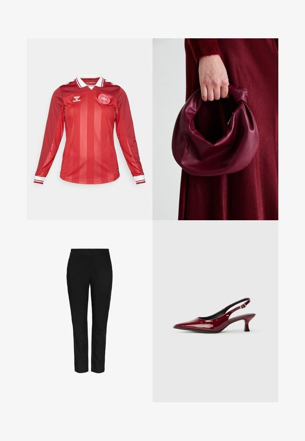 Piros, hosszú ujjú futballmez, függőleges csíkokkal, fehér gallérral és piros-fehér csíkozott mandzsettákkal. A mellkason a csapat logója található.; Fekete, karcsú szabású nadrág sima, szőtt anyagból. Szabványos derékrésszel és látható zsebek nélkül készült. Tiszta, igényes megjelenés.; Burgundi színű, lakkbőr, hátsó pántos magassarkú cipők, hegyes orral és elegáns tűsarkakkal. Nyitott hátsó dizájn, állítható bokapánttal.; Burgundi bőrtáska puhán ráncolt dizájnnal és kerek alakban. A fogantyú rögzítve van, sima textúrával rendelkezik.