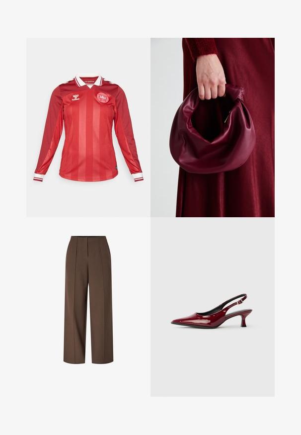 Czerwona koszula piłkarska z długim rękawem, z pionowymi paskami, białym kołnierzykiem i mankietami w paski czerwono-białe. Na piersi znajduje się logo drużyny.; Brązowe spodnie z wysokim stanem i szerokimi nogawkami, z liniami z przodu i ukrytym zapięciem z przodu na zamek.; Bordo lakierowane sandały na szpilce z lekko spiczastym noskiem i smukłym obcasem. Otwarta tylna część z regulowanym paskiem na kostkę.; Bordowa skórzana torebka o miękkim, marszczonym wyglądzie i zaokrąglonym kształcie. Uchwyt jest zabezpieczony, co podkreśla gładką fakturę.