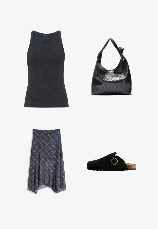 Ciemnoszary, prążkowany top na ramiączkach z okrągłym dekoltem i dopasowanym krojem. Posiada subtelny detal logo na piersi. Miękka, teksturowana tkanina.; Czarna spódnica w kratę z niebieskimi i brązowymi liniami, o zwiewnym fasonie, midi długości, wykonana z lekkiego materiału o gładkiej fakturze.; Czarne zamszowe klompy z okrągłym noskiem, regulowanym metalowym klamrą oraz korkową wkładką, z teksturowaną gumową podeszwą.; Czarna, pleciona skórzana torba o luźnym fasonie, z węzełkowym paskiem i małym dekoracyjnym złotym ćwiekiem na górze.