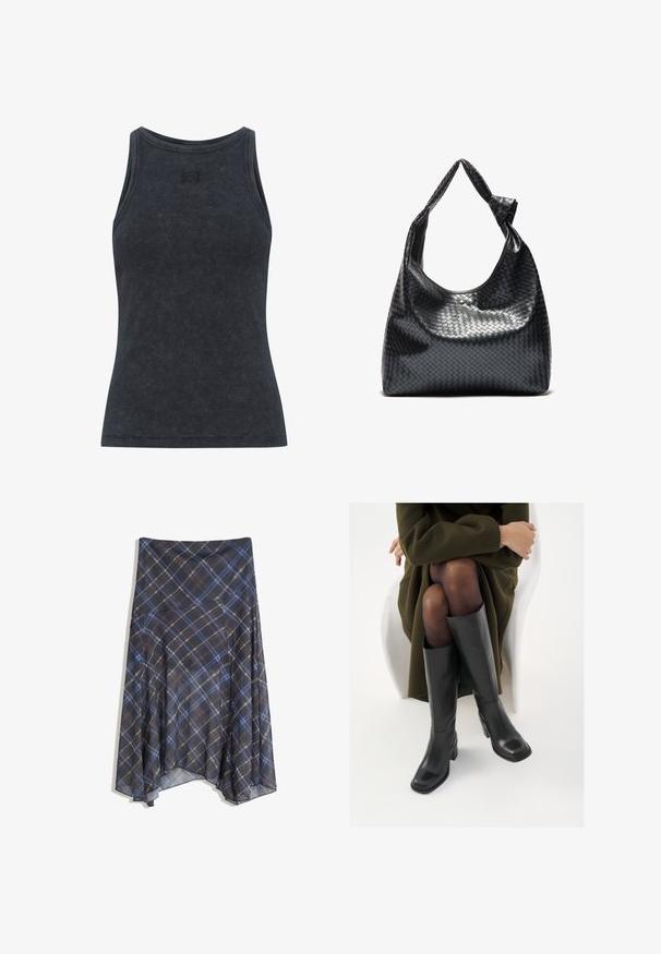 Tummanharmaa ribattuja tanktoppi, jossa on pyöreä kaula-aukko ja tiukka muotoilu. Sisältää hienovaraisen logotarkin rinnassa. Pehmeä, tekstuurihaaltoinen kangas.; Mustahuivi hame, jossa on sinisiä ja ruskeita viivoja, virtaava muotoilu, keskipituinen, valmistettu kevyestä kankaasta, jolla on sileä texuuri.; Polvisuoja mustat nahastossud, millel on ruudukujuline varvas ja plokk-kints, on esitatud mudeli seljas, kes istub oliivrohelises mantlis. Sile tekstuur, minimaalne detailitus.; Musta kudottu nahkabag, jossa on rento muotoilu, ja jossa on solmittu hihna sekä pieni koristeellinen kultatappi ylhäällä.