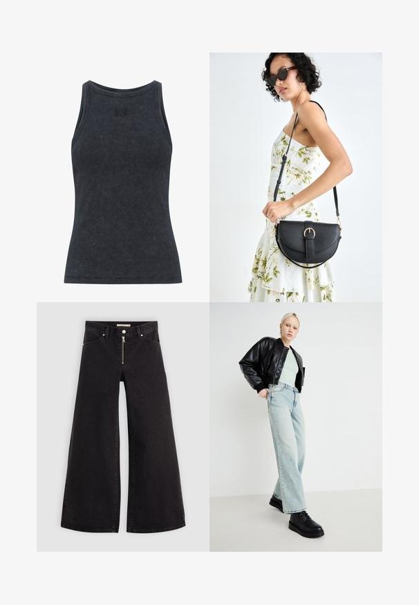 Tumši pelēks ribota bezšuvju krekls ar apaļu kaklu un pieguļošu dizainu. Uz krūšu daļas ir diskreta logotipa detaļa. Mīksts, teksturēts audums.; Platas kājas džinsi melnā džinsa audumā ar rāvējslēdzēju priekšā, piecu kabatu dizains un smalkas šuvju detaļas. Gluda tekstūra un ikdienišķs stils.; Melna ādas bomber jaka, piparmētru zaļš krekls, gaiši zili platajā kājās džinsi un melni saites apavi, uz minimālisma fona.; Melnas ādas rokassoma ar izliekta formu, noņemamu siksnu un zelta aksesuāriem. Somai ir vāciņš ar sprādzes detaļu.