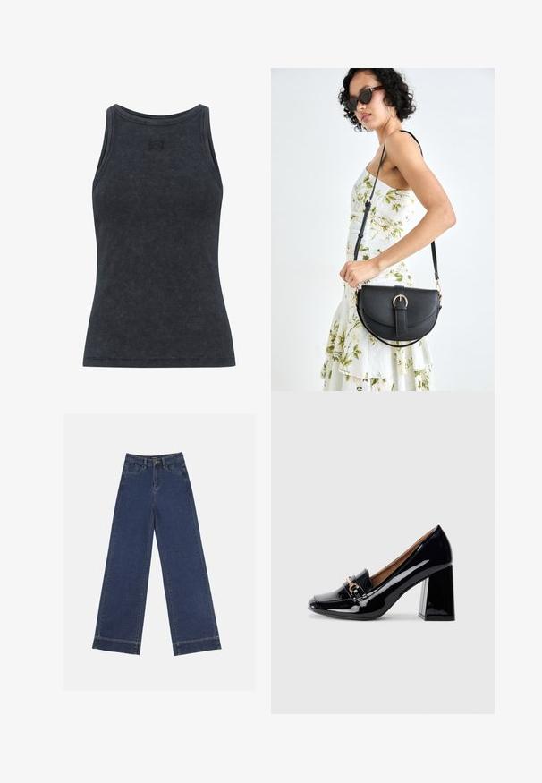 Dark gray ribbed tank top with a round neck and a fitted design. Features a subtle logo detail on the chest. Soft, textured fabric.; Wide-leg jeans in dark blue denim. Features five pockets, belt loops, and a raw hem at the bottom with visible stitching details.; Black patent leather high-heeled shoe with a pointed toe and block heel. Features a decorative strap and buckle detail on the vamp.; Black leather handbag with a curved shape, detachable strap, and gold hardware. The bag features a flap with a buckle detail.