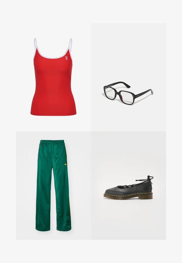 Rode tanktop met witte bandjes, met een figuuraccentuerend ontwerp en logo detail op de linker borst. Gladde textuur, sportieve stijl.; Groene satijnen sportbroek met een relaxte pasvorm, voorzien van gele streepaccenten en een geborduurd logo aan de linkerzijde. Elastische tailleband.; Zwarte leren schoen met een ronde neus, lage hak, vetersluiting en gele stiksels langs de zool. Soepele textuur met een matte afwerking.; Zwarte rechthoekige bril met heldere lenzen, voorzien van afgeronde randen en zijaccenten, met een glanzende afwerking van het montuur en de pootjes.; Zwarte leren hobo tas met een slouchy ontwerp, brede schouderband en een gladde textuur. Heeft een enkele ritssluiting aan de zijkant.