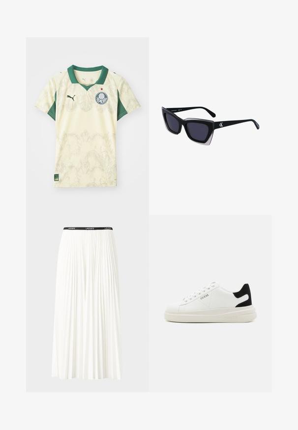 Šviesiai geltona sportinė marškinė su žaliu apykakle ir rankovėmis, subtilus raštas, ant kurių yra komandos logotipas ir raudona žvaigždė, pagaminta iš kvėpuojančios medžiagos.; Pleated balta sijonas su juodu elastiniu juosmeniu, ant kurio yra "LACOSTE" logotipas. Vidutinio ilgio dizainas su švelnia tekstūra.; Baltos odinės sportbačiai su storu baltu padu, juodu nubuko kulno akcentu ir iškilmingu logotipu šone. Su raišteliais, turinčiais šešis akinius.; Juodos didelės saulės akinių su geometrine forma, turinčiais tamsius objektyvus ir kontrastingą pilką detalę ant rėmelio. Logotipas ant šalon.