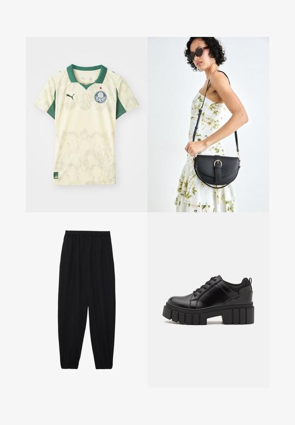 Světlě žlutý sportovní dres s zeleným límečkem a rukávy, s jemnou texturou vzoru, obsahující týmové logo a červenou hvězdou, vyrobený z prodyšné tkaniny.; Černé, lehké kalhoty s elastickým pasem a nařasenými kotníky. Tkanina je hladká a má uvolněný, zúžený design.; Černé kožené platformové boty s masivním blokovým podpatkem, kulatou špičkou a tradičním šněrováním. Mají hladký povrch a minimální detaily.; Černá kožená kabelka s křivkovým tvarem, odnímatelným popruhem a zlatými detaily. Kabelka má klopu s přezkou.