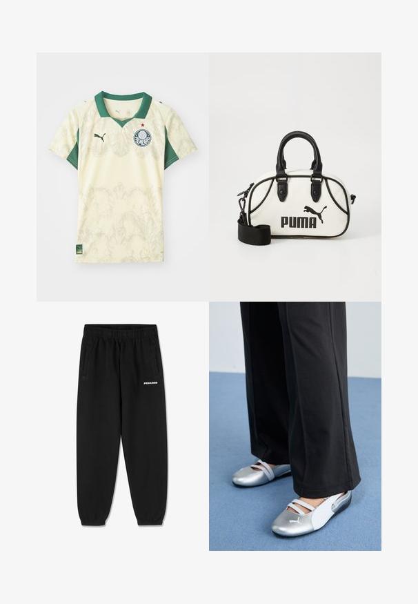 Světlě žlutý sportovní dres s zeleným límečkem a rukávy, s jemnou texturou vzoru, obsahující týmové logo a červenou hvězdou, vyrobený z prodyšné tkaniny.; Černé tepláky vyrobené z měkké tkaniny, s elastickým páskem na stažení, zúženými nohavicemi a bočními kapsami. Bílé logo „PEGADOR“ na přední straně.; Stříbrné a bílé ploché boty s křížovými pásky a texturovaným detailem, doplněné volnými černými kalhotami. Umístěno na modré podlaze.; Bílá kabelka s černými akcenty, se znakem Puma. Krátké, zaoblené uši a odnímatelný popruh, vyrobená z texturovaného syntetického materiálu.