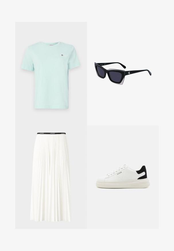 Šviesiai mėtų žalios spalvos medvilninė marškinėliai su apvalia iškirpte, trumpomis rankovėmis ir maža logotipo detalė kairiajame krūtinės plote. Minkšta tekstūra ir paprastas dizainas.; Pleated balta sijonas su juodu elastiniu juosmeniu, ant kurio yra "LACOSTE" logotipas. Vidutinio ilgio dizainas su švelnia tekstūra.; Baltos odinės sportbačiai su storu baltu padu, juodu nubuko kulno akcentu ir iškilmingu logotipu šone. Su raišteliais, turinčiais šešis akinius.; Juodos didelės saulės akinių su geometrine forma, turinčiais tamsius objektyvus ir kontrastingą pilką detalę ant rėmelio. Logotipas ant šalon.