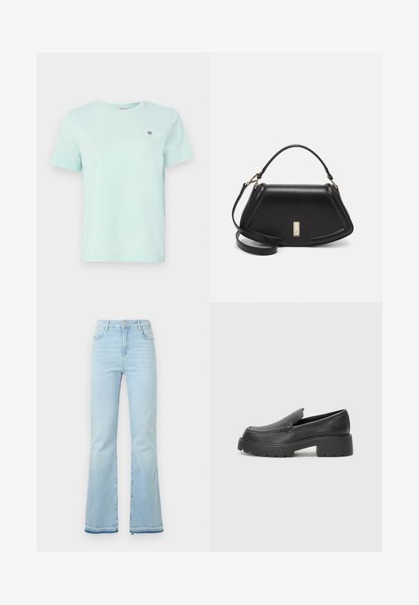 Světle mátově zelené bavlněné tričko s kulatým výstřihem, krátkými rukávy a malým logem na levé části hrudi. Měkká textura a jednoduchý design.; Světle modré rozšířené džíny vyrobené z denimové látky, s vysokým pasem, předními kapsami a surovým lemem na manžetách pro uvolněný vzhled.; Černé kožené mokasíny s okrouhlou špičkou, silnou strukturovanou podrážkou a minimálními detaily šití. Elegantní design bez viditelných tkaniček nebo kovových prvků.; Černá kožená kabelka se strukturovaným designem, jejíž tvar je zkrácený, má horní rukojeť a zlaté kovové detaily. Součástí je i nastavitelný ramenní popruh.