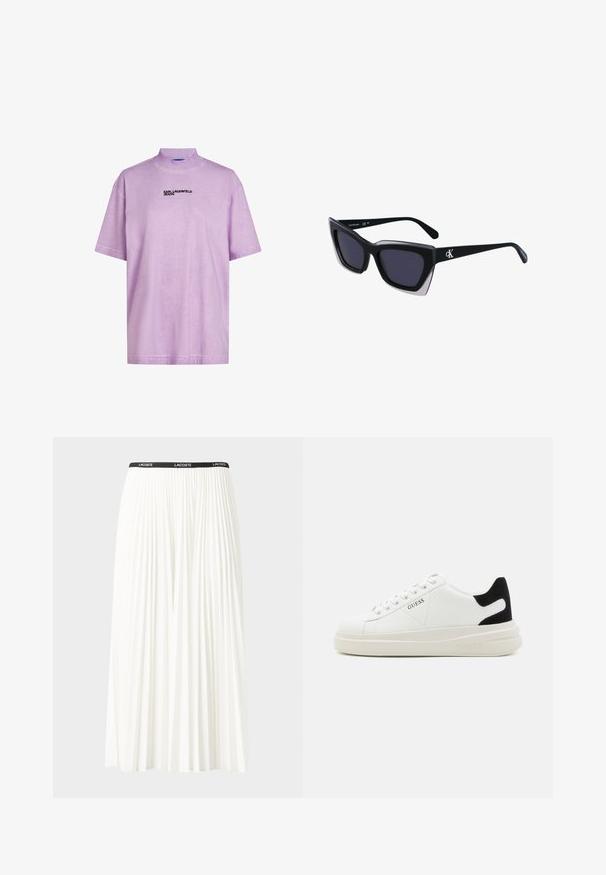 Levendula színű, rövid ujjú póló magas gallérral, az elején fekete "KARL LAGERFELD JEANS" logóval. Puha, sima tapintás.; Plisszírozott fehér szoknya fekete elasztikus derékkal, amelyen a "LACOSTE" logó található. Középhosszú kialakítás, puha tapintással.; Fehér bőr sportcipők vastag fehér talppal, fekete velúr sarokpikkelyel és dombornyomott logóval az oldalon. Fűzős kialakítás, hat fűzőlyukkal.; Fekete, nagyméretű napszemüveg geometrikus formával, sötét lencsékkel és kontrasztos szürke részlettel a kereten. Logó a szárán.